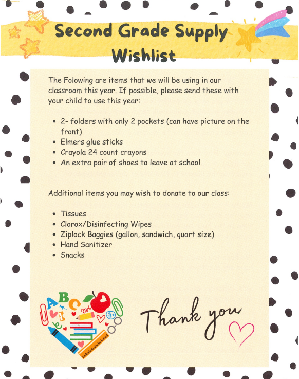 Graphic summarizing Belmont Elementary School's suggested school supply lists by grade level (Pre-K through 4th Grade). The lists include recommended student supplies and optional classroom donations. These items are suggestions only and are not required.