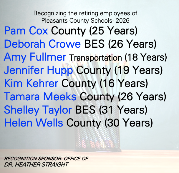 Pam Cox County (25 Years) Deborah Crowe BES (26 Years) Amy Fullmer Transportation (18 Years) Jennifer Hupp County (19 Years) Kim Kehrer County (16 Years)Tamara Meeks County (26 Years) Shelley Taylor BES (31 Years) Helen Wells County (30 Years)