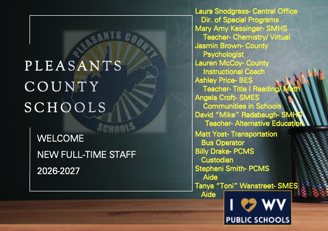 Matt Yost- Transportation   Bus Operator Billy Drake- PCMS   Custodian Stepheni Smith- PCMS    Aide Tanya “Toni” Wanstreet- SMES   Aide  Laura Snodgrass- Central Office   Dir. of Special Programs Mary Amy Kessinger- SMHS    Teacher- Chemistry/ Virtual Jasmin Brown- County    Psychologist Lauren McCoy- County    Instructional Coach Ashley Price- BES    Teacher- Title I Reading/ Math Angela Croft- SMES    Communities in Schools David “Mike” Radabaugh- SMHS     Teacher- Alternative Education