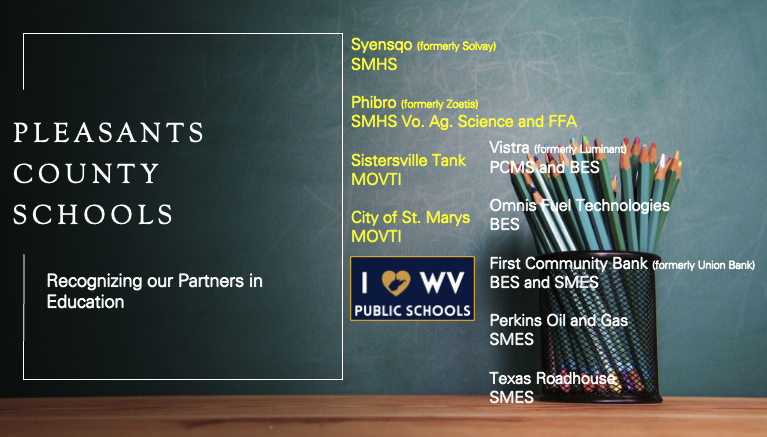 Recognizing our Partners in Education- Syensqo (formerly Solvay) SMHS  Phibro (formerly Zoetis) SMHS Vo. Ag. Science and FFA  Sistersville Tank MOVTI  City of St. Marys MOVTI- Vistra (formerly Luminant) PCMS and BES  Omnis Fuel Technologies BES  First Community Bank (formerly Union Bank) BES and SMES  Perkins Oil and Gas SMES  Texas Roadhouse SMES