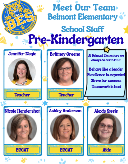 ach graphic features the Belmont Elementary logo, the grade level, staff members’ photos, names, and positions, along with inspirational quotes and the school’s B.E.S.T. expectations. The graphics introduce the Pre-Kindergarten team, Kindergarten team, First Grade team, Second Grade team, Third Grade Team, and Fourth Grade Team.