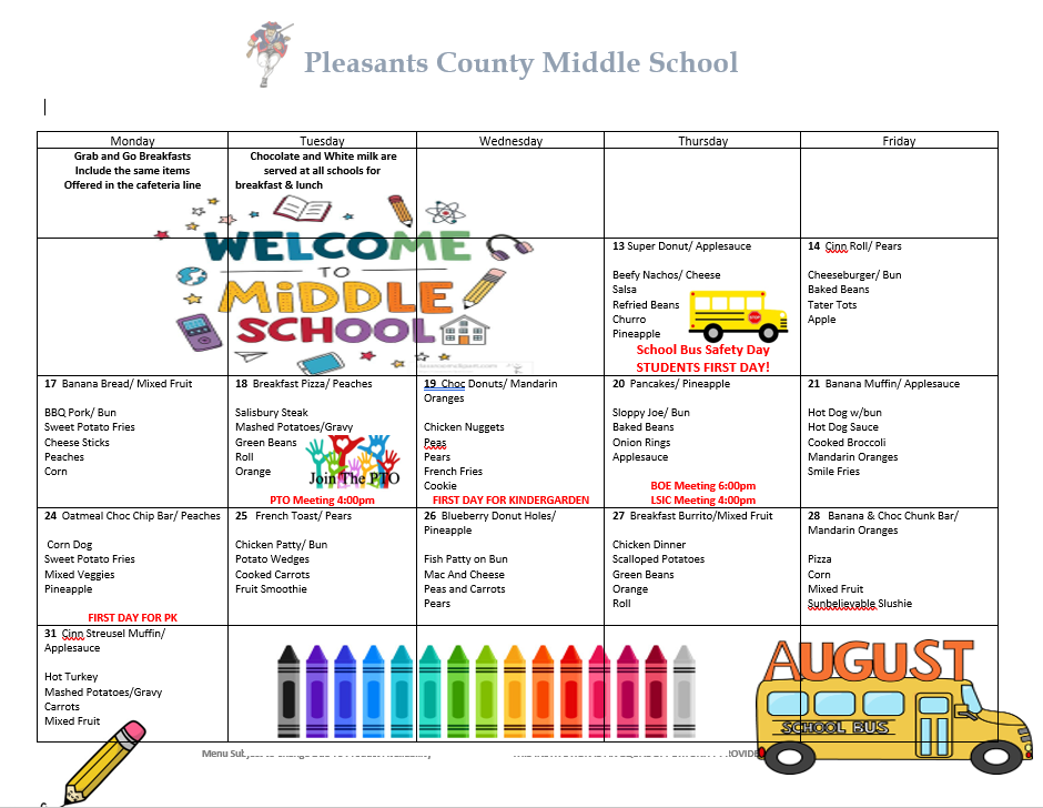 PCMS August 2026 Menu