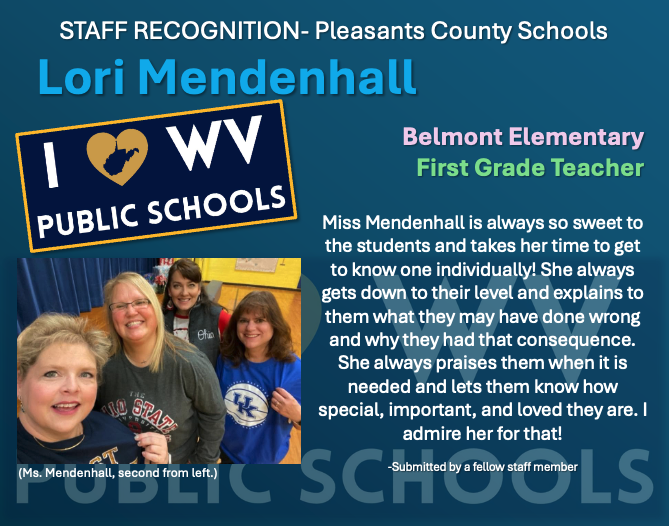 Miss Mendenhall is always so sweet to the students and takes her time to get to know one individually! She always gets down to their level and explains to them what they may have done wrong and why they had that consequence. She always praises them when it is needed and lets them know how special, important, and loved they are. I admire her for that! -Submitted by a fellow staff member