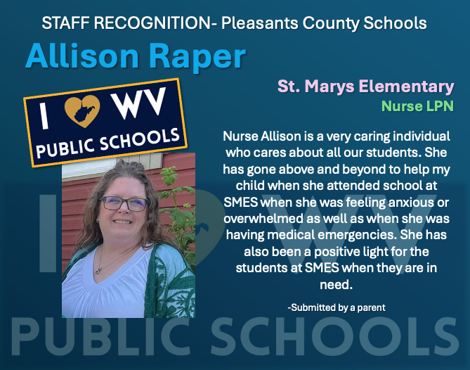 Nurse Allison is a very caring individual who cares about all our students. She has gone above and beyond to help my child when she attended school at SMES when she was feeling anxious or overwhelmed as well as when she was having medical emergencies. She has also been a positive light for the students at SMES when they are in need.  -Submitted by a parent