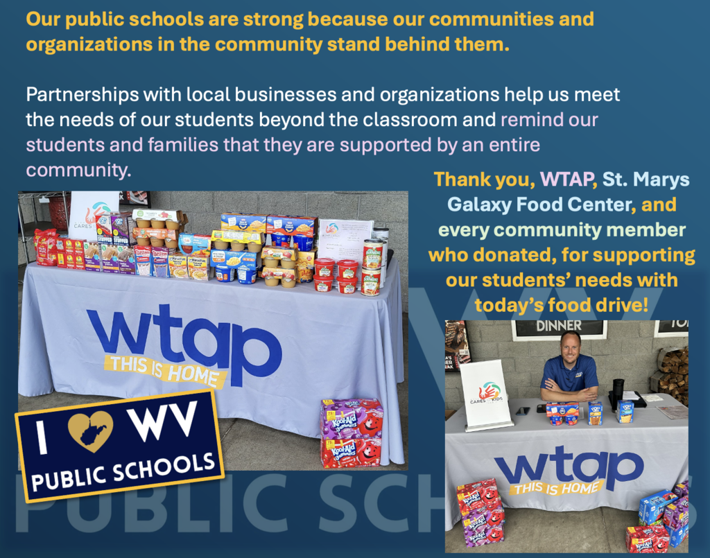 Our public schools are strong because our communities and organizations in the community stand behind them.  Partnerships with local businesses and organizations help us meet the needs of our students beyond the classroom and remind our students and families that they are supported by an entire community. Thank you, WTAP, St. Marys Galaxy Food Center, and every community member who donated, for supporting our students’ needs with today’s food drive! 