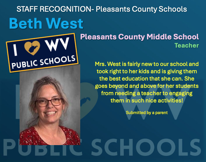 Mrs. West is fairly new to our school and took right to her kids and is giving them the best education that she can. She goes beyond and above for her students from needing a teacher to engaging them in such nice activities!  Submitted by a parent