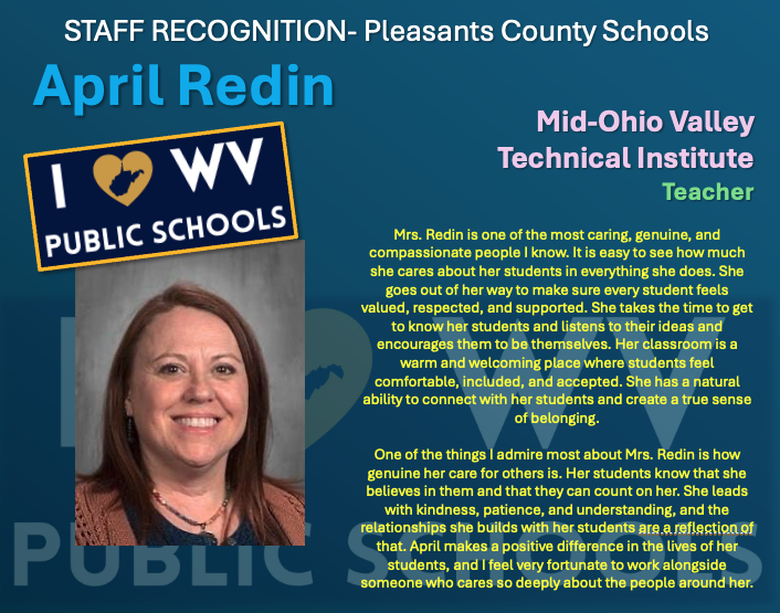 Mrs. Redin is one of the most caring, genuine, and compassionate people I know. It is easy to see how much she cares about her students in everything she does. She goes out of her way to make sure every student feels valued, respected, and supported. She takes the time to get to know her students and listens to their ideas and encourages them to be themselves. Her classroom is a warm and welcoming place where students feel comfortable, included, and accepted. She has a natural ability to connect with her students and create a true sense of belonging.One of the things I admire most about Mrs. Redin is how genuine her care for others is. Her students know that she believes in them and that they can count on her. She leads with kindness, patience, and understanding, and the relationships she builds with her students are a reflection of that. April makes a positive difference in the lives of her students, and I feel very fortunate to work alongside someone who cares so deeply about the people around her.