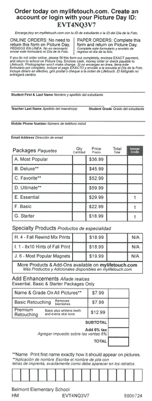 Three images provide information about Belmont Elementary School’s Fall Picture Day on Tuesday, September 8, 2026. The first shows the LifeTouch picture package options and prices, including online ordering information. The second provides details about picture packages, specialty products, backgrounds, and ordering through mylifetouch.com. The third is a BES Picture Day reminder graphic with the online ordering website, Picture Day ID EVT4NQ3V7, and a reminder that parents may also send money and an order form on Picture Day.