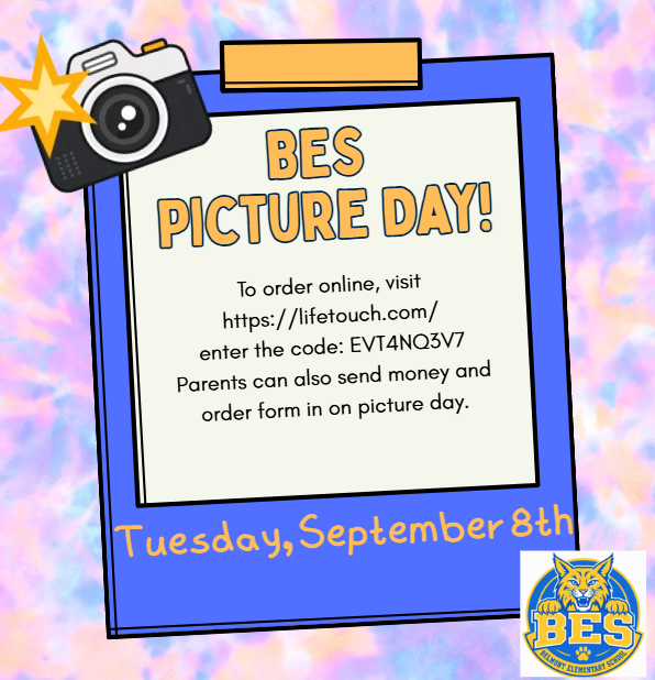Three images provide information about Belmont Elementary School’s Fall Picture Day on Tuesday, September 8, 2026. The first shows the LifeTouch picture package options and prices, including online ordering information. The second provides details about picture packages, specialty products, backgrounds, and ordering through mylifetouch.com. The third is a BES Picture Day reminder graphic with the online ordering website, Picture Day ID EVT4NQ3V7, and a reminder that parents may also send money and an order form on Picture Day.