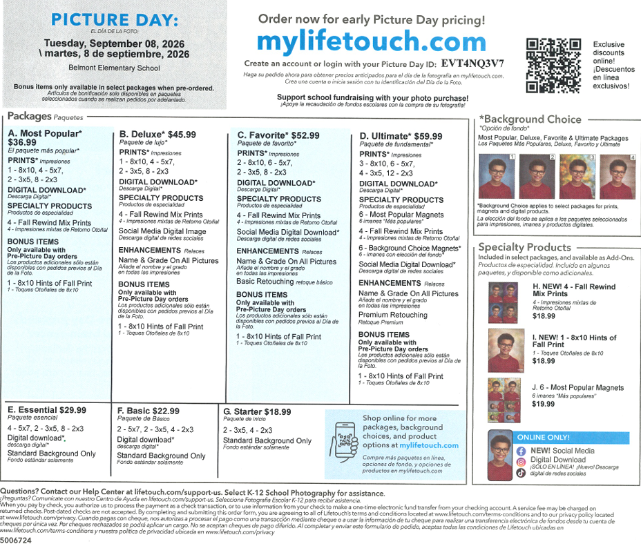 Three images provide information about Belmont Elementary School’s Fall Picture Day on Tuesday, September 8, 2026. The first shows the LifeTouch picture package options and prices, including online ordering information. The second provides details about picture packages, specialty products, backgrounds, and ordering through mylifetouch.com. The third is a BES Picture Day reminder graphic with the online ordering website, Picture Day ID EVT4NQ3V7, and a reminder that parents may also send money and an order form on Picture Day.