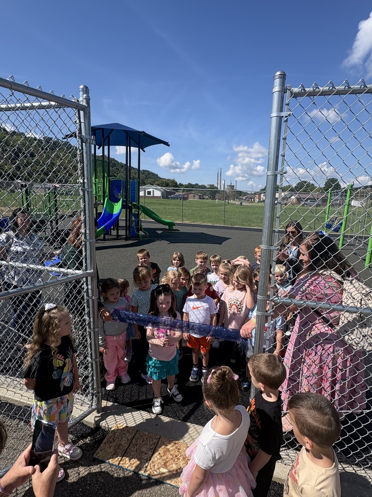 Photos from the ribbon-cutting celebration at Belmont Elementary School for the new Pre-K and Kindergarten–4th Grade playgrounds. Students are pictured exploring and enjoying the new playground equipment with excitement and smiles. The celebration highlights the new playgrounds and the community support that helped make the project possible.