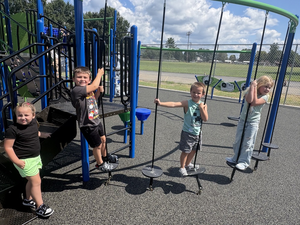 Photos from the ribbon-cutting celebration at Belmont Elementary School for the new Pre-K and Kindergarten–4th Grade playgrounds. Students are pictured exploring and enjoying the new playground equipment with excitement and smiles. The celebration highlights the new playgrounds and the community support that helped make the project possible.