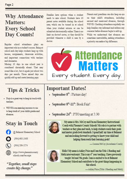 Page 2 of Belmont Elementary’s August 2026 Bobcat News. The page includes information about why school attendance matters, attendance tips, ways for families to stay in touch with the school, important September dates including Picture Day, Book Fair, and a PTO meeting, and introductions to BES staff members.