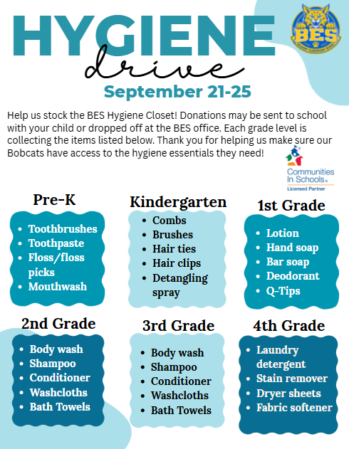 BES Hygiene Drive flyer for September 21–25 listing grade-level hygiene items needed to stock the BES Hygiene Closet.