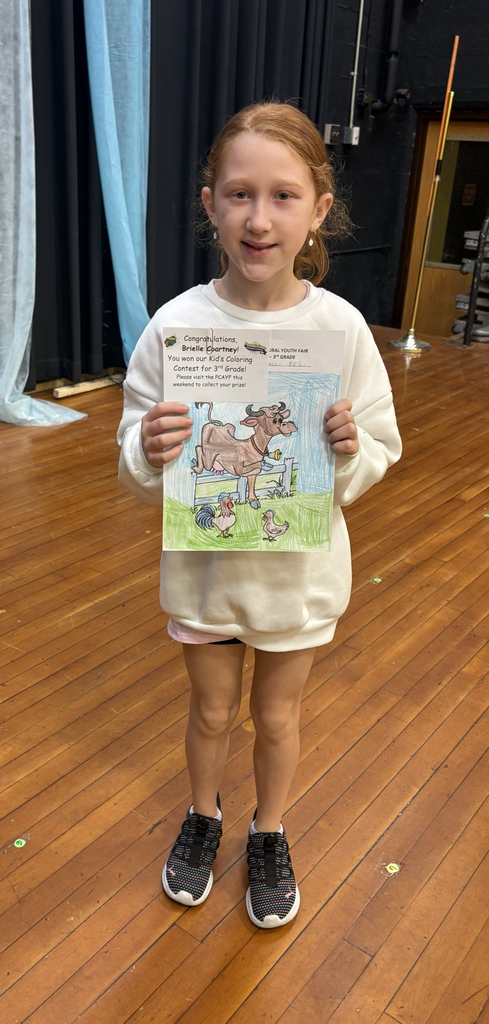 BES 3rd grade student Brielle is recognized as the winner of the 3rd Grade Coloring Contest at the Agricultural Youth Fair. Congratulations, Brielle!