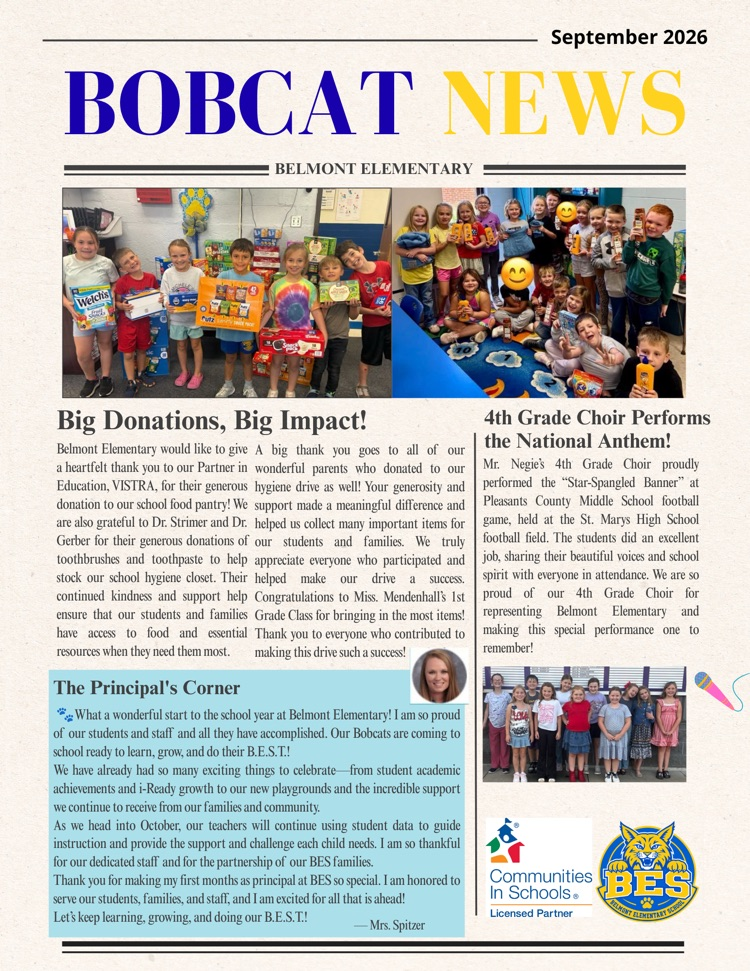 CIS Newsletter featuring Belmont Elementary students, school highlights, attendance awareness, Dolly Day, Halloween reminders, and important October dates.