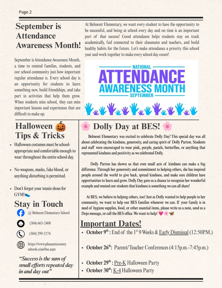 CIS Newsletter featuring Belmont Elementary students, school highlights, attendance awareness, Dolly Day, Halloween reminders, and important October dates.
