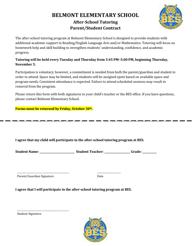 Belmont Elementary School after-school tutoring for students in grades 1–4 begins November 5, every Tuesday and Thursday from 3:45–5:00 PM.