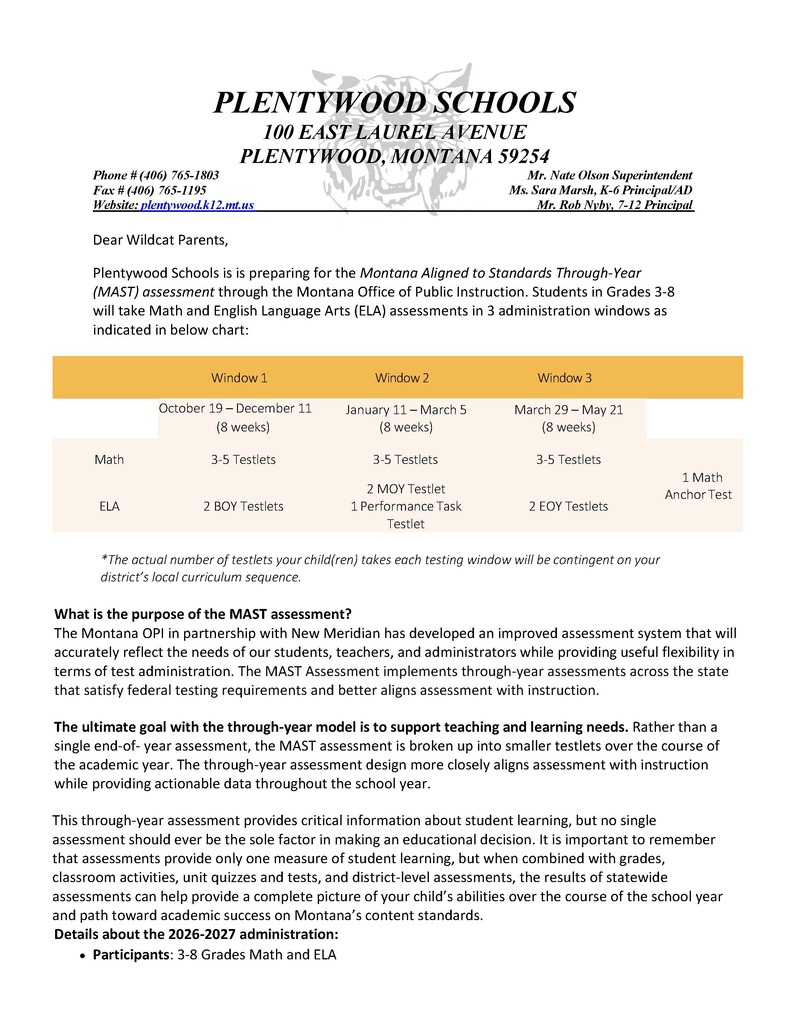 MAST PARENT LETTER SCHEDULE