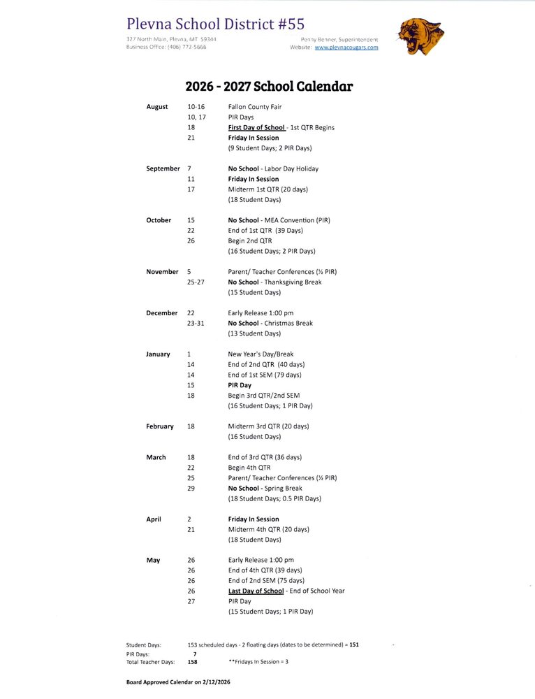 2026-2027 School Calendar