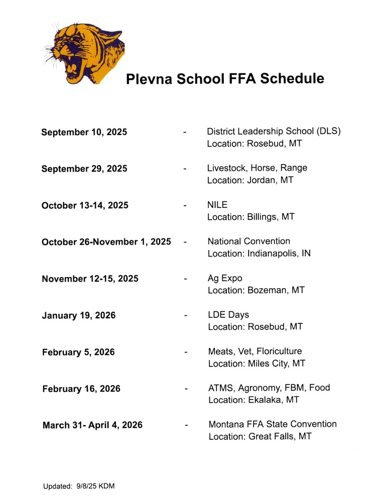 Plevna School FFA Schedule