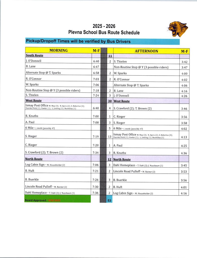 2025-26 Plevna School Bus Route Schedule