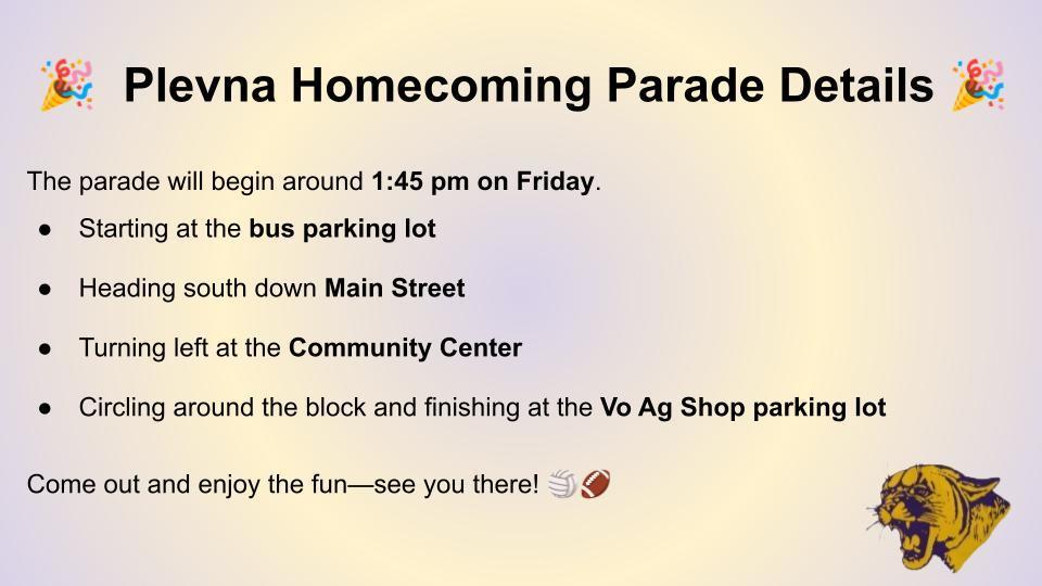 Plevna Homecoming Parade Details
