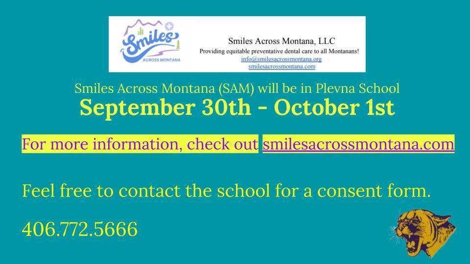 Smiles Across Montana will be at Plevna School from September 30 to October 1.