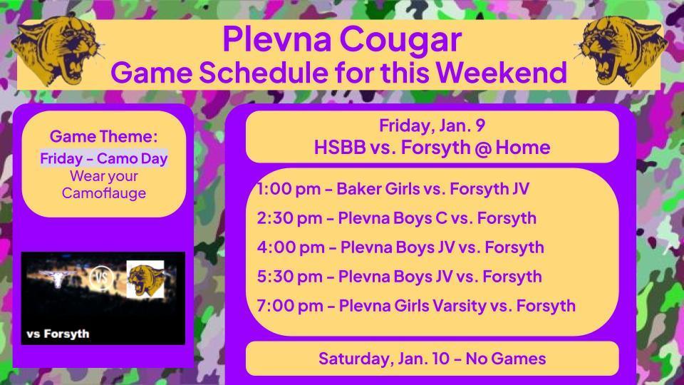 Plevna Cougar Game Schedule for this Weekend