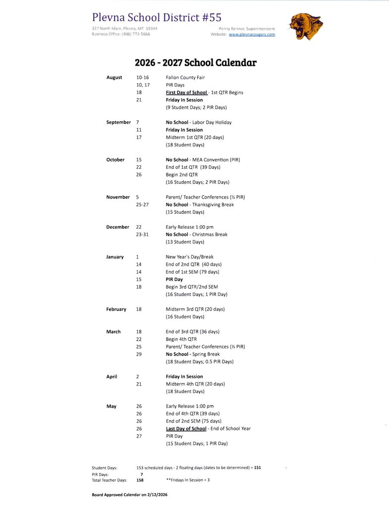 2026-2027 Plevna School Written Calendar