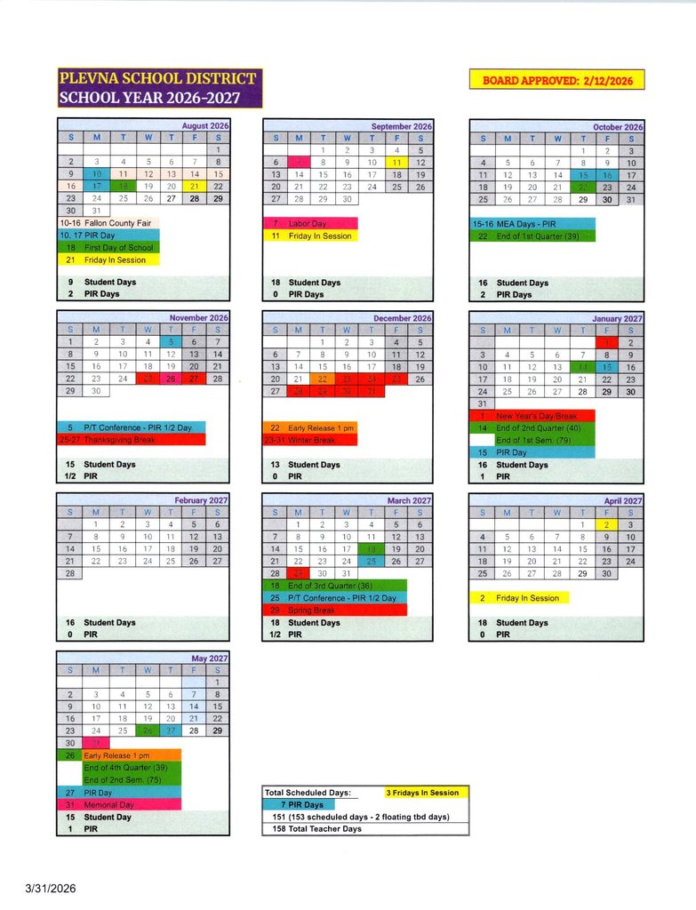 SY 2026-2027 Plevna School District Calendar