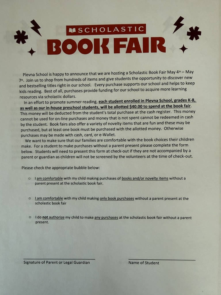 ✨ Plevna School is happy to announce that we will be hosting a Scholastic Book Fair from May 4th to May 7th! ✨ 