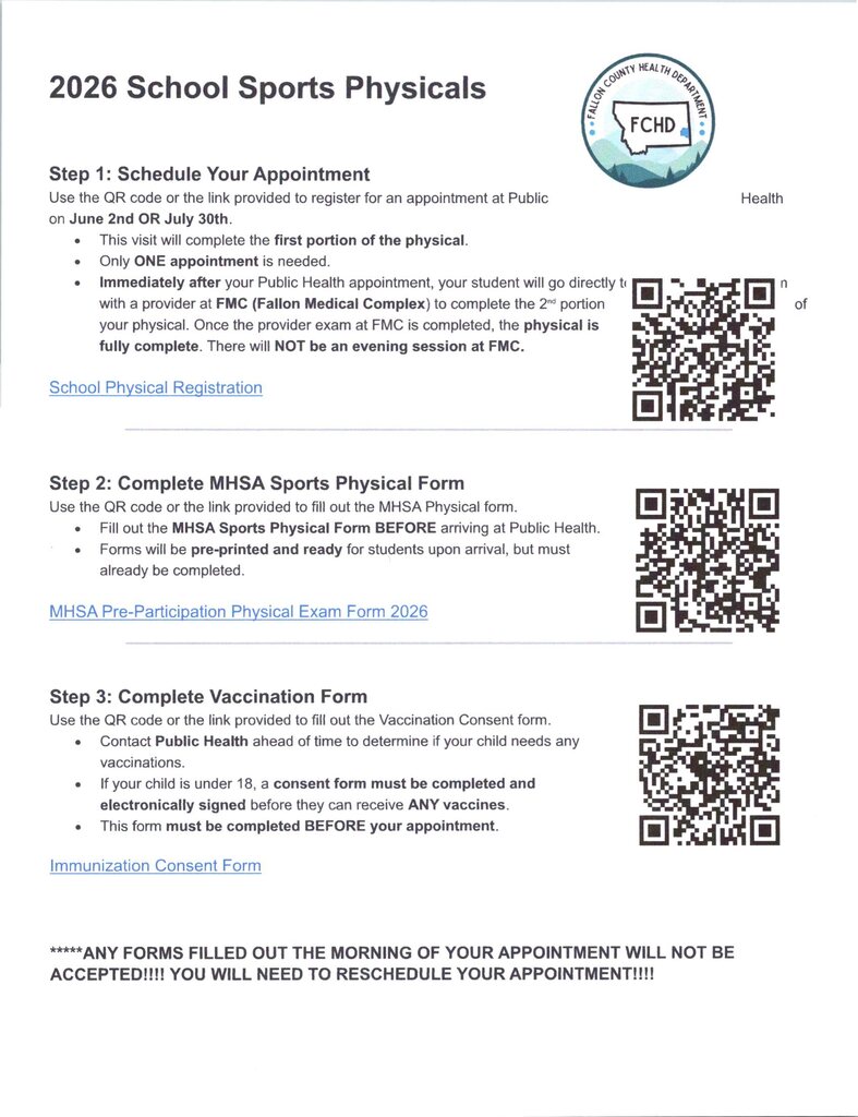 Plevna Cougars - Attached are the steps to getting your 2026 School Sports Physicals through the Fallon County Health Department.