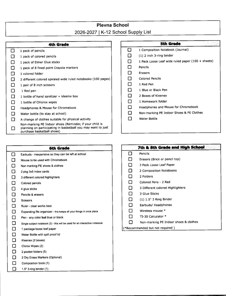 2026-2027 | Grades 4-8 School Supply List