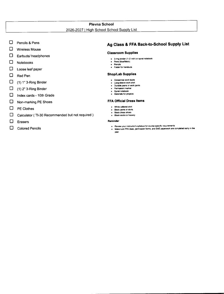 2026-2027 | High School Supply List