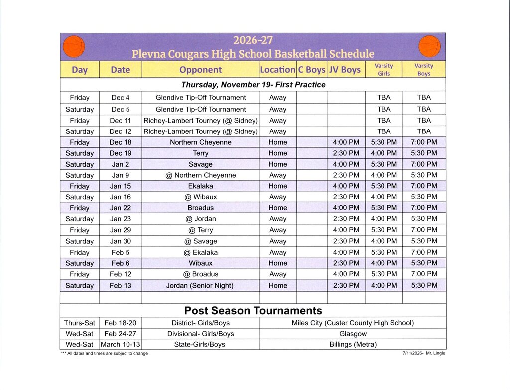 SY2026-27 High School Basketball Schedule Go Cougars!!