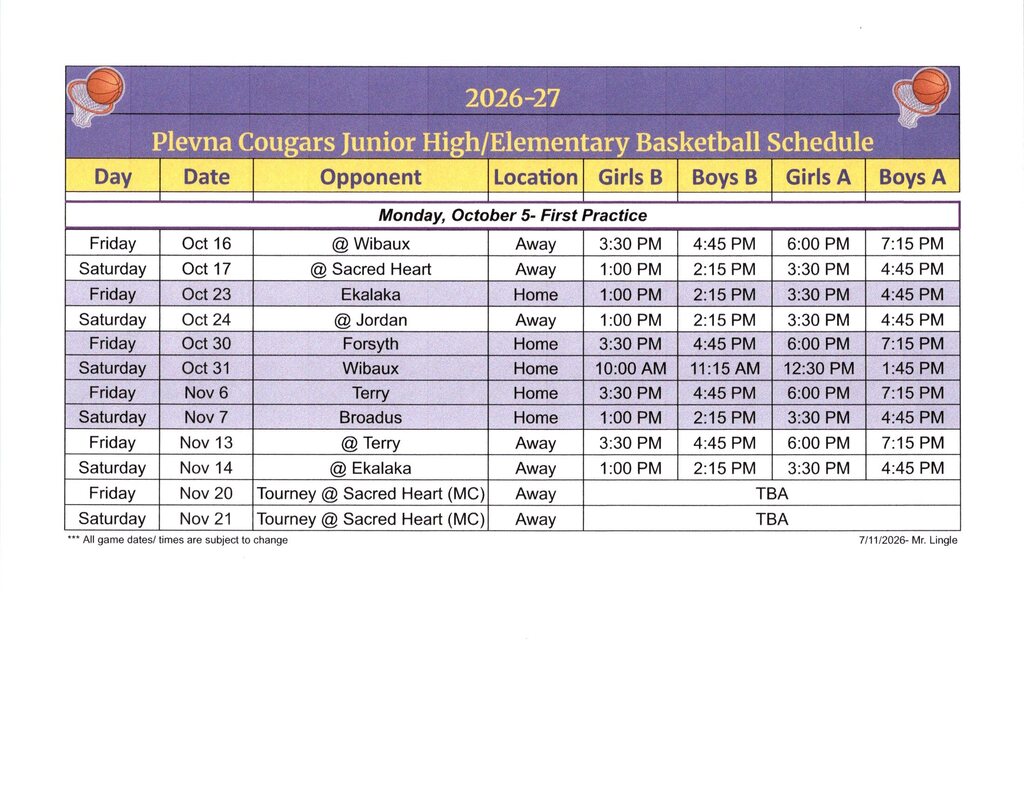 SY2026-27 UPDATED Plevna Cougars Jr. High Elem Basketball Schedule