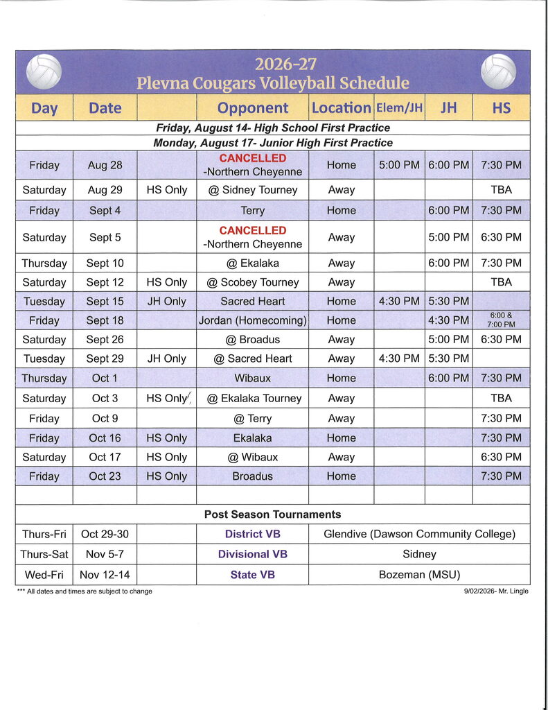 A few changes have been made to the 2026-27 Volleyball Schedule. Attached is an updated schedule.