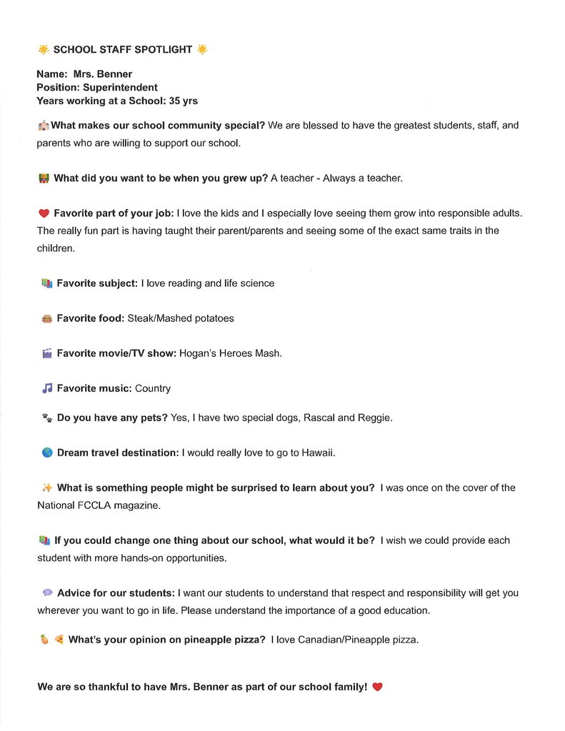 Plevna Cougar Staff Spotlight - Mrs. Benner