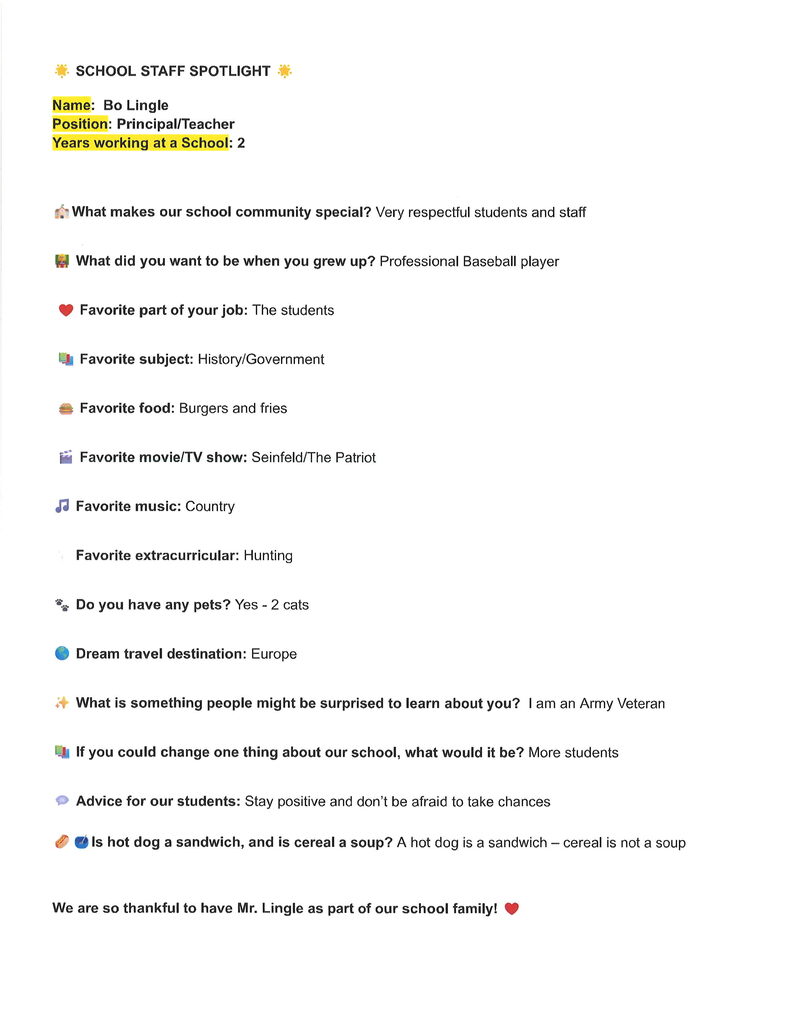 Plevna Cougar Staff Spotlight - Mr. Lingle