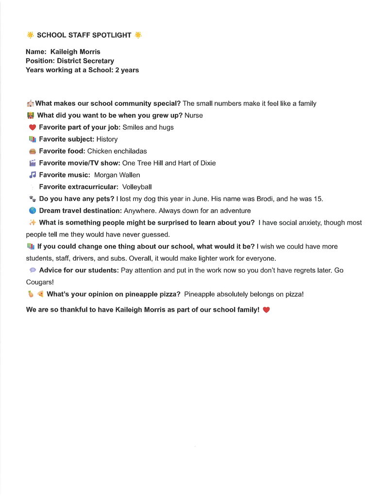 Plevna Cougar Staff Spotlight - Ms. Kaileigh