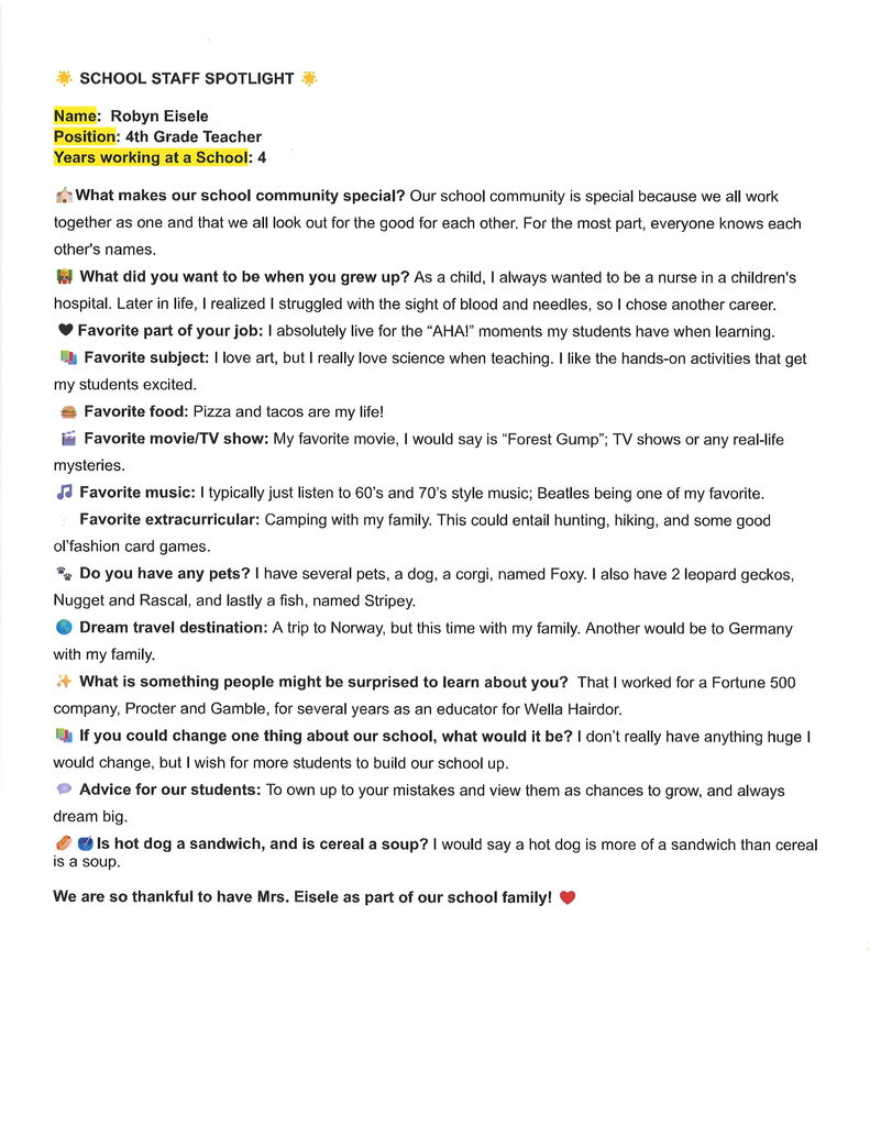 Plevna Cougar Staff Spotlight - Mrs. Eisele