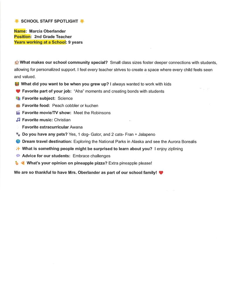 Plevna Cougar Staff Spotlight - Mrs. Oberlander