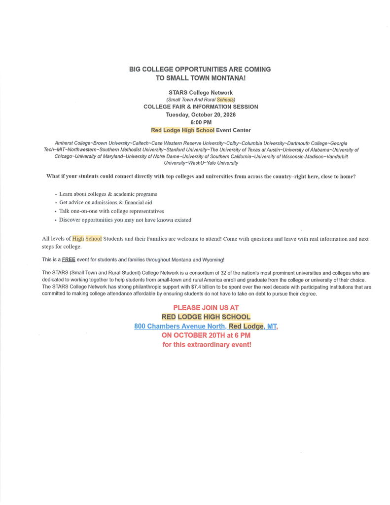 College Fair & Information Session Red Lodge High School, Oct. 20 6 pm