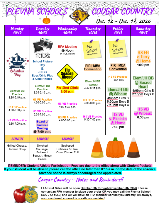 Cougar Country - Activites for the week of October 12th - October 17th - 2026
