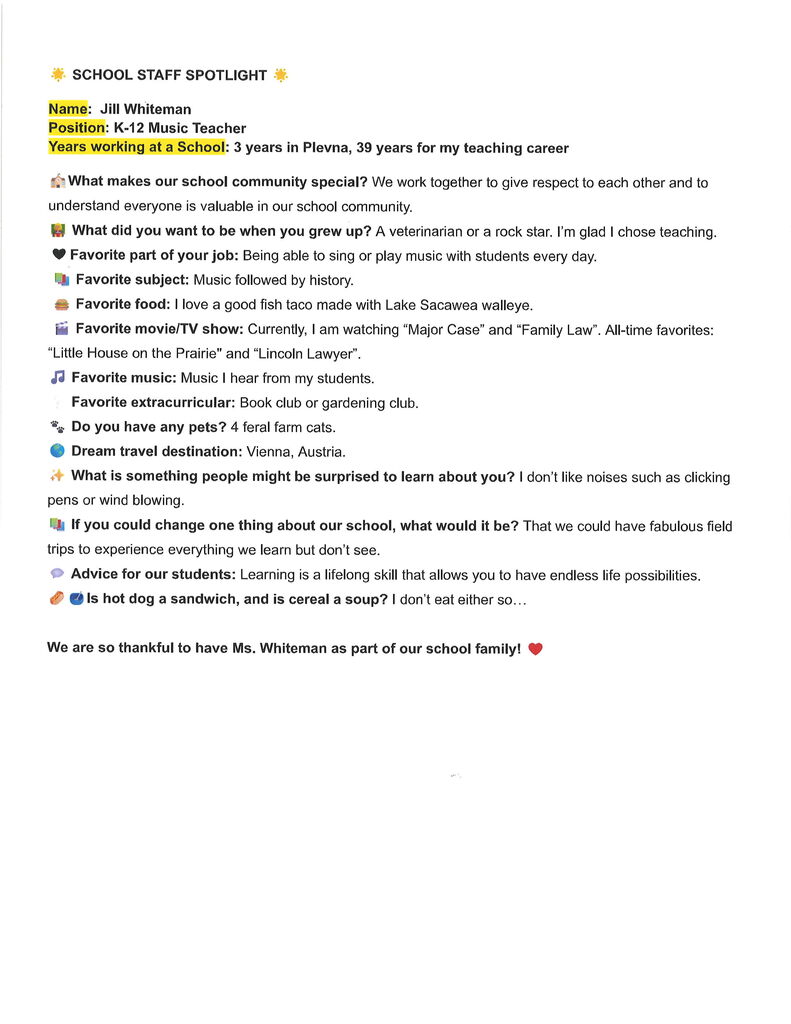Plevna Cougar Staff Spotlight - Ms. Whiteman
