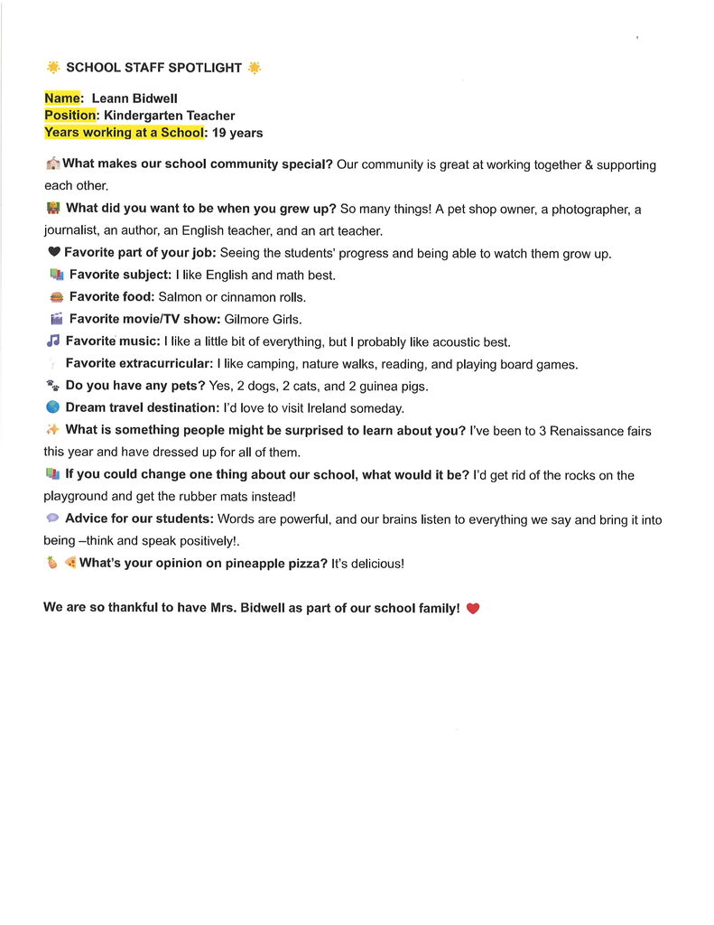 Plevna Cougar Staff Spotlight - Mrs. Bidwell