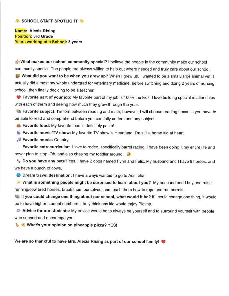 Plevna Cougar Staff Spotlight - Mrs. A. Rising