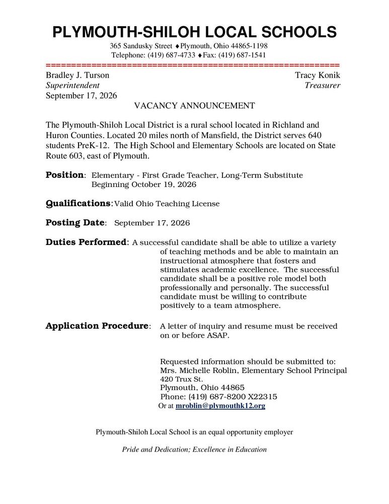 1st grade long term sub needed
