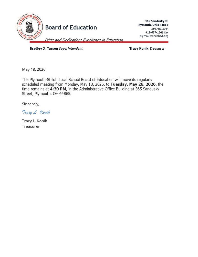 baord meeting time change 5-18-26
